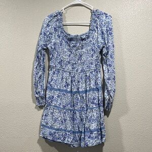 Ahora Blue Floral Smocked Long-Sleeve Mini Dress